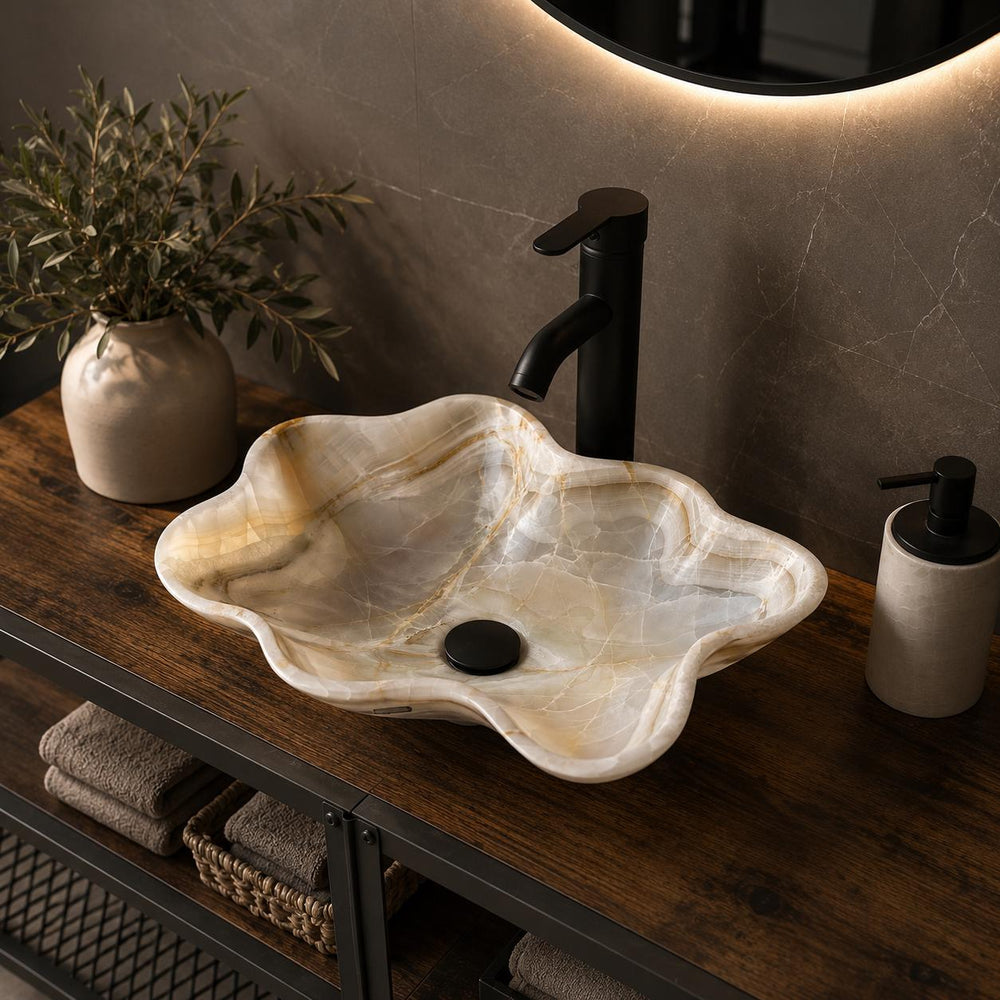 Beige Onyx Sink, Handmade Natural Stone Vessel Sink, Modern Bathroom Vanity Basin, Sculptural Marble Sink, Translucent Wavy Edge