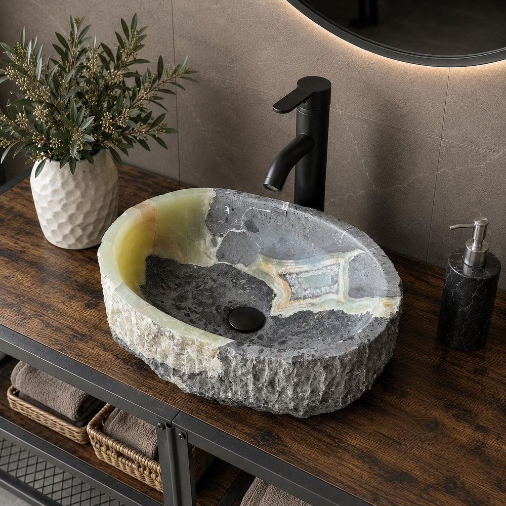 Rustic Green Onyx Bathroom Vessel Sink | Luxury Sink | Unique Hand Carved Onyx Vanity Sink – Natural Stone Bathroom Sink