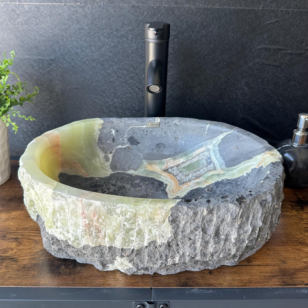 Rustic Green Onyx Bathroom Vessel Sink | Luxury Sink | Unique Hand Carved Onyx Vanity Sink – Natural Stone Bathroom Sink