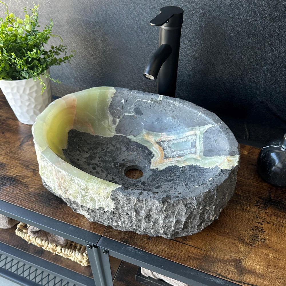 Rustic Green Onyx Bathroom Vessel Sink | Luxury Sink | Unique Hand Carved Onyx Vanity Sink – Natural Stone Bathroom Sink