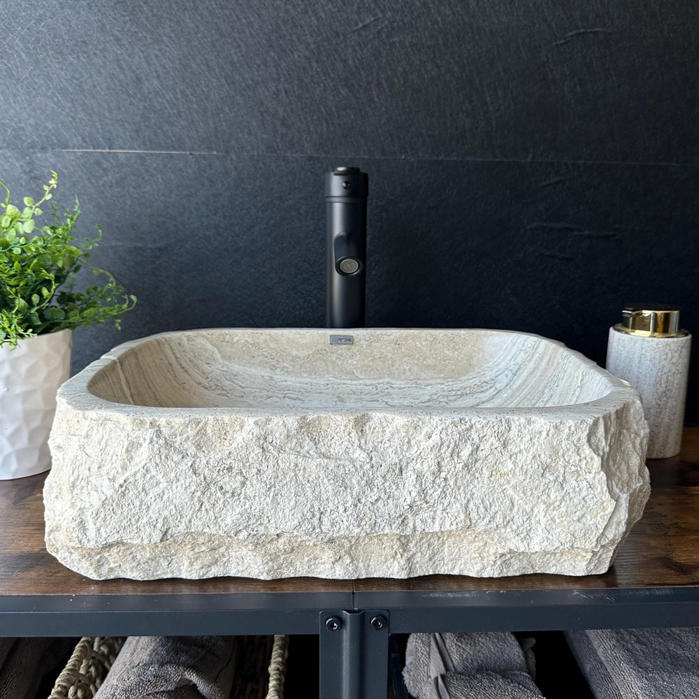 Rustic Travertine Stone Vessel Sink | Natural Rock Bathroom Sink | Handmade Modern Vanity Basin | One of a Kind Stone Sink | Wabi Sabi