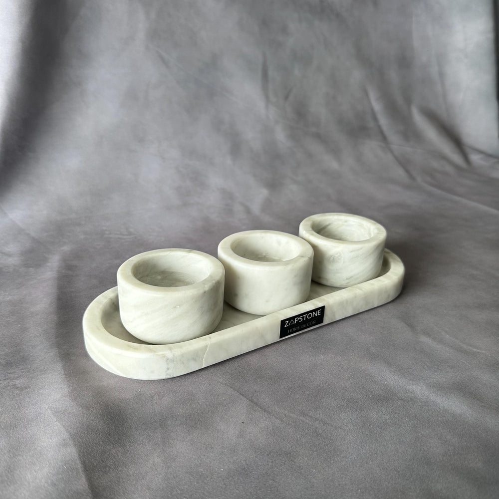 Set of 3 White Marble Natural Stone Salsa Set and Marble Tray - Handmade Serving Set Natural Stone