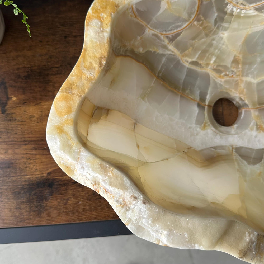 Beige Onyx Sink, Handmade Natural Stone Vessel Sink, Modern Bathroom Vanity Basin, Sculptural Sink, Luxury Translucent Live Wavy Edge Sink