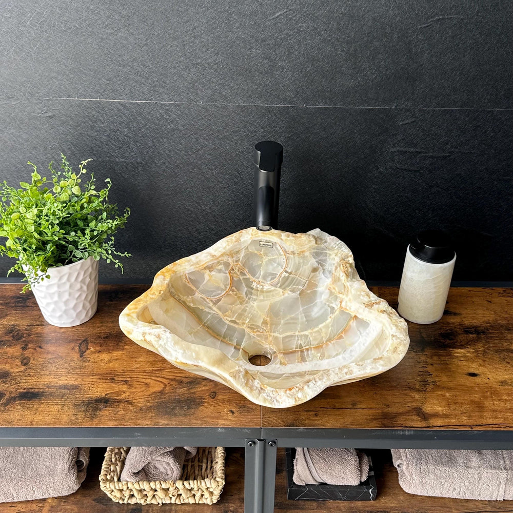 Beige Onyx Sink, Handmade Natural Stone Vessel Sink, Modern Bathroom Vanity Basin, Sculptural Sink, Luxury Translucent Live Wavy Edge Sink