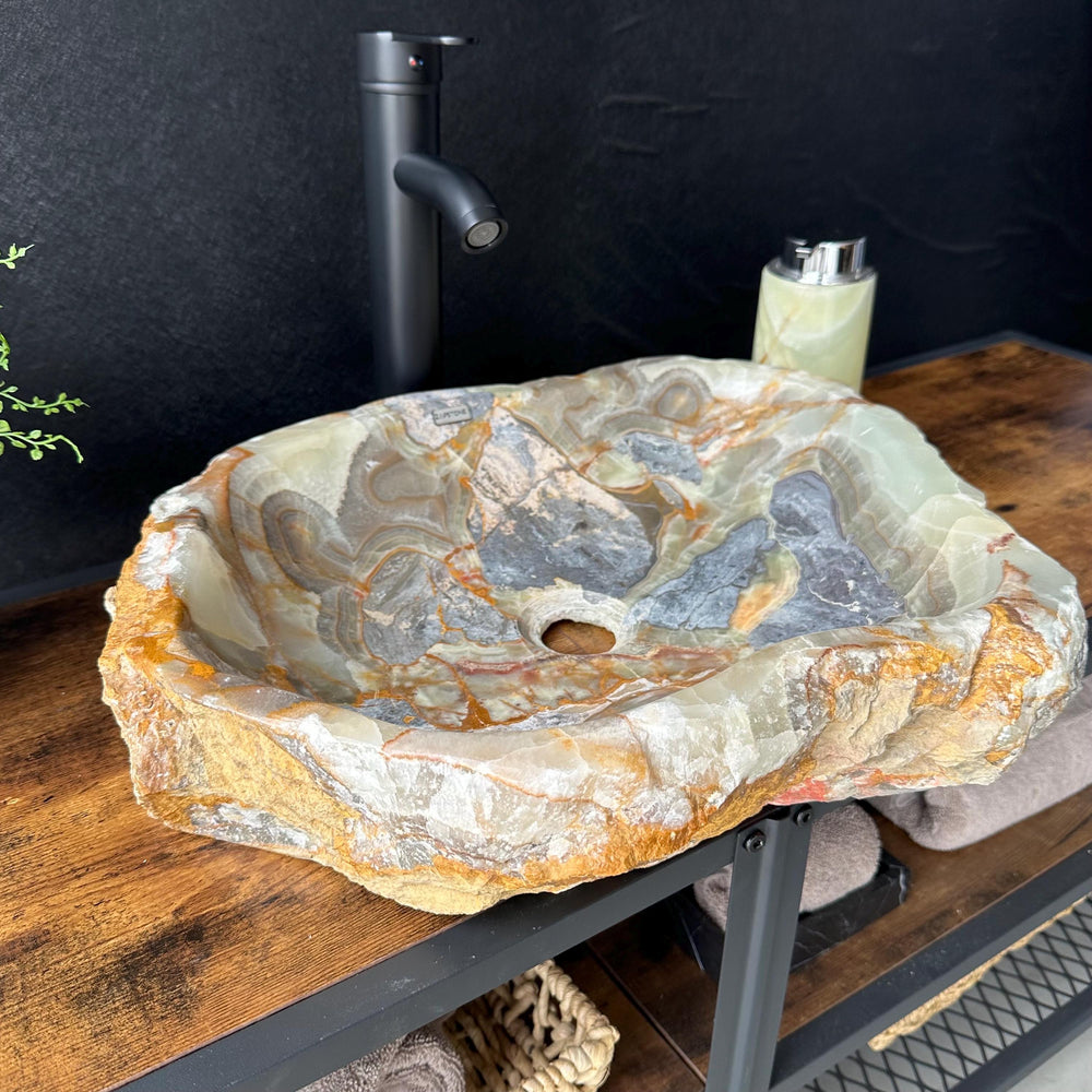 Rustic Green Onyx Bathroom Vessel Sink | Luxury Sink | Unique Hand Carved Onyx Vanity Sink – Natural Stone