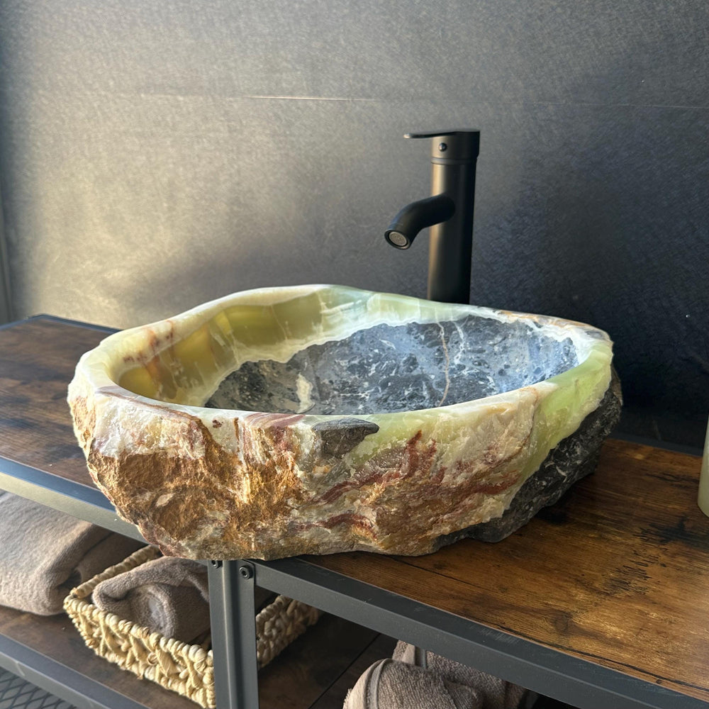 Rustic Green Onyx Bathroom Vessel Sink | Luxury Sink | Unique Hand Carved Onyx Vanity Sink – Natural Stone Bathroom Sink