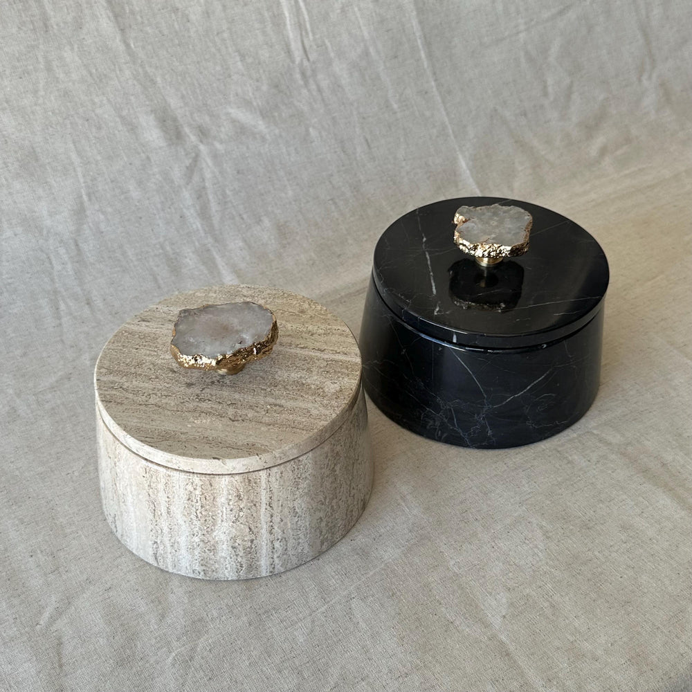 Marble & Travertine Storage Jar with Lid, Luxury Vanity Container, Knob Jewelry Box, Elegant Bathroom Decor, Coffee Table Accent
