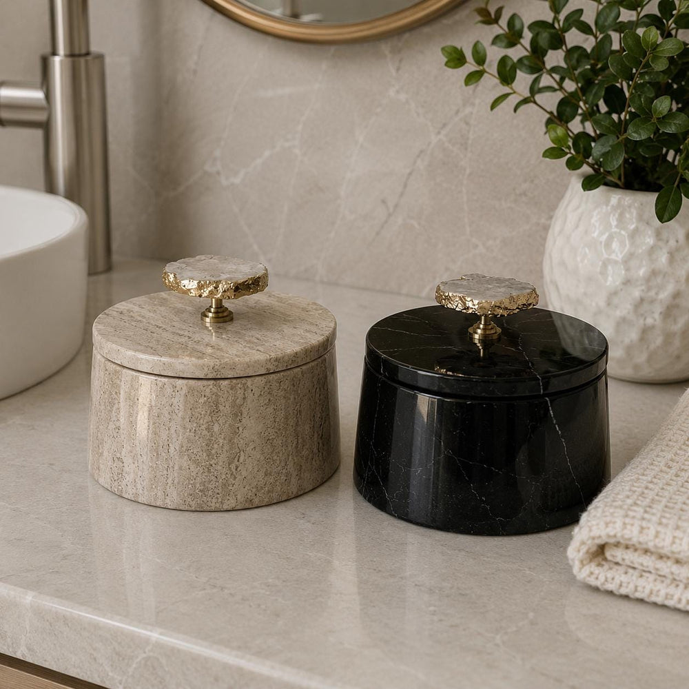 Marble & Travertine Storage Jar with Lid, Luxury Vanity Container, Knob Jewelry Box, Elegant Bathroom Decor, Coffee Table Accent