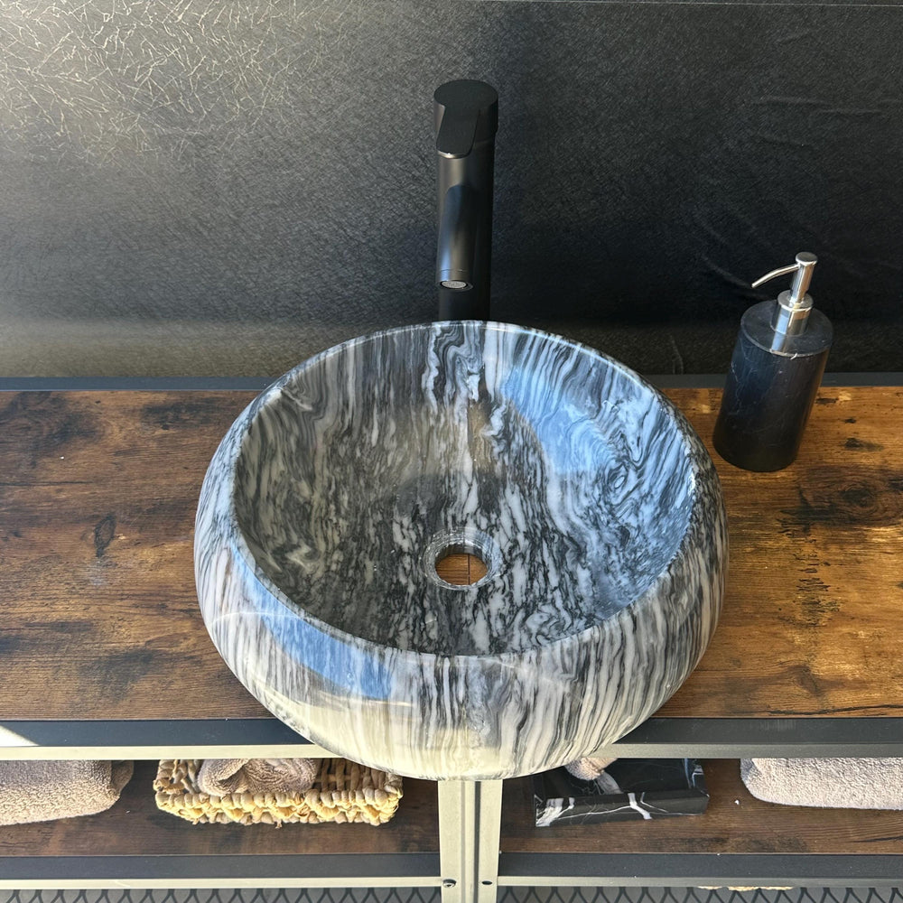 Round Marble Vessel Sink – Gray Natural Stone Bathroom Sink, Modern Handcrafted Marble Basin