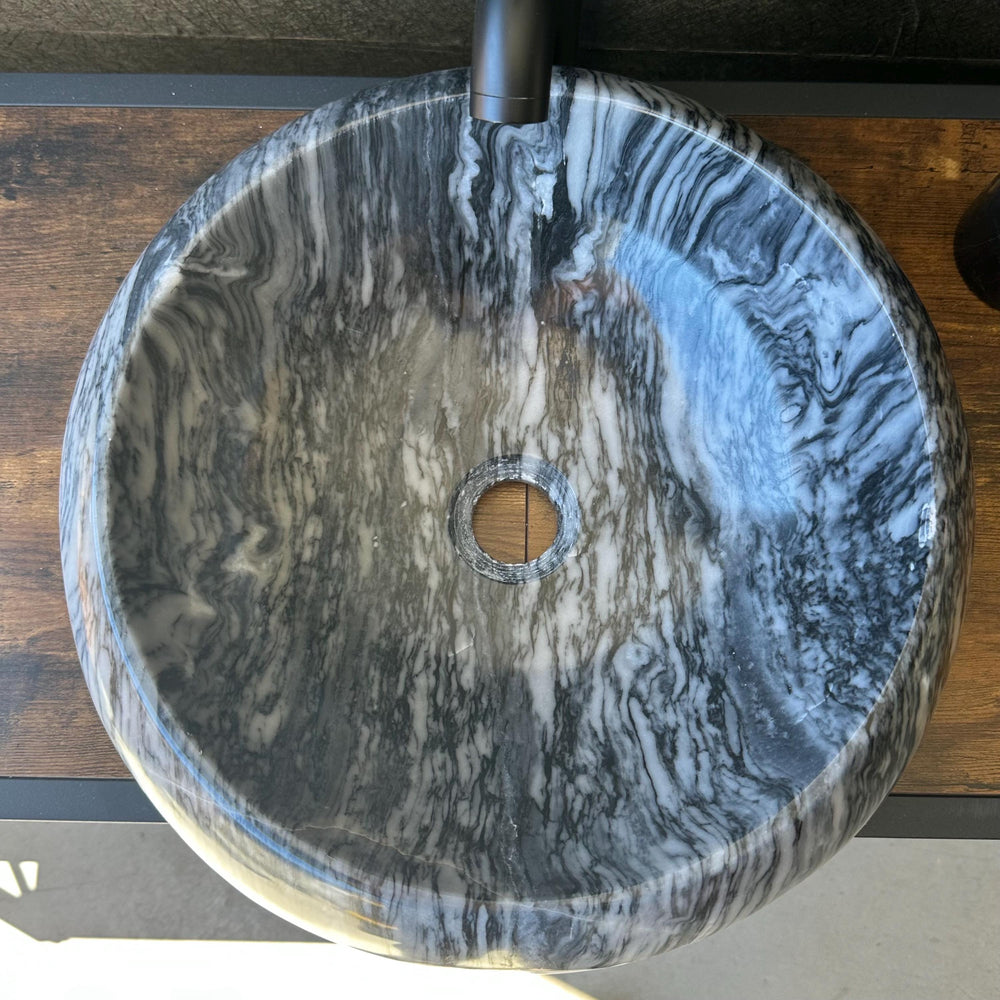 Round Marble Vessel Sink – Gray Natural Stone Bathroom Sink, Modern Handcrafted Marble Basin