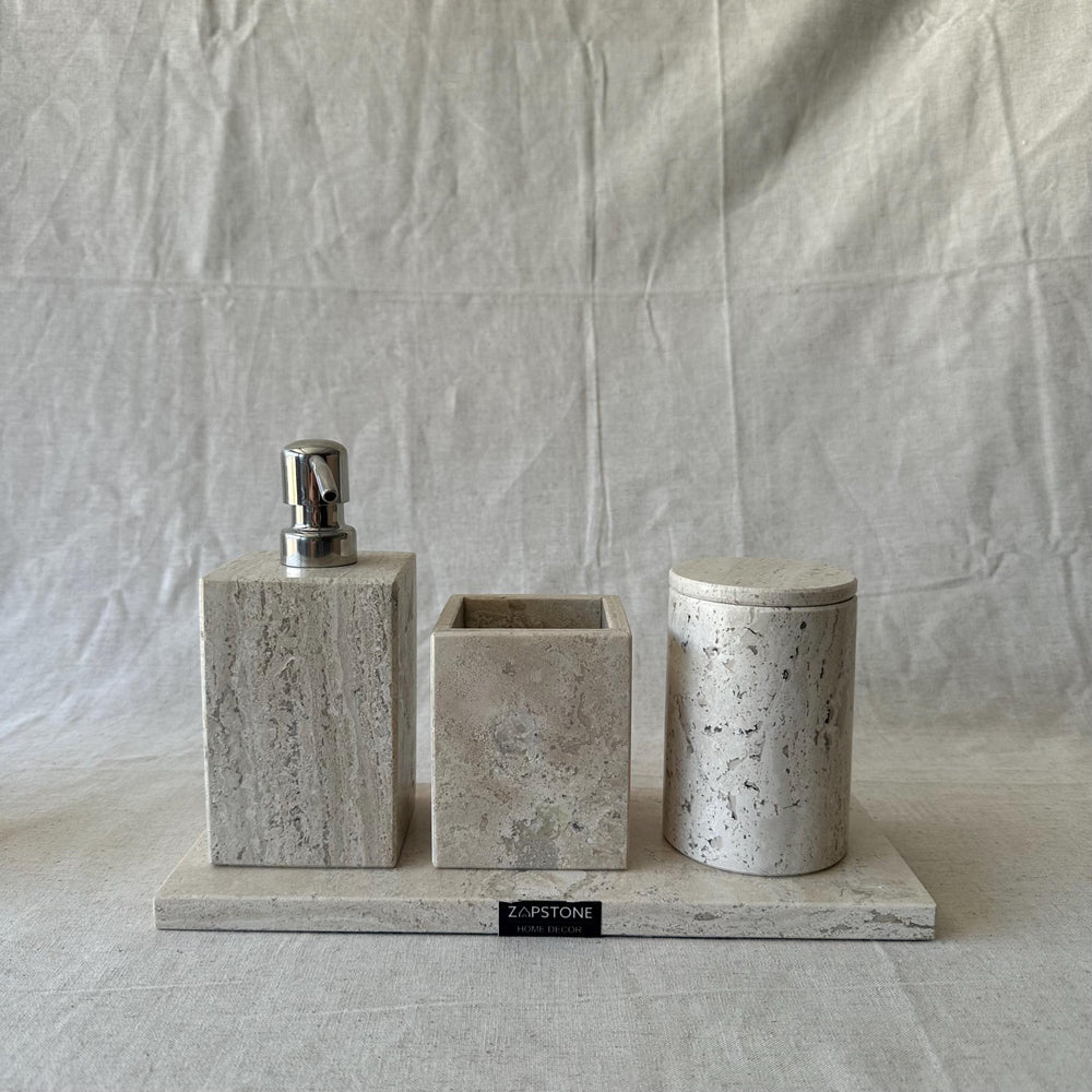 Travertine Bathroom Set-5 Piece Handmade Luxury Bath Accessories, Soap Dispenser, Tray, Toothbrush Holder, Cotton Swab Holder, Cotton Round