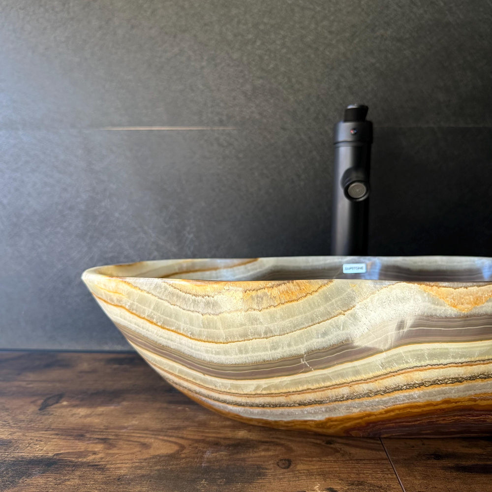Banded Onyx Bathroom Vessel Sink | Luxury Sink | One-of-a-Kind Hand Carved Onyx Bowl Sink – Natural Stone Bathroom Basin