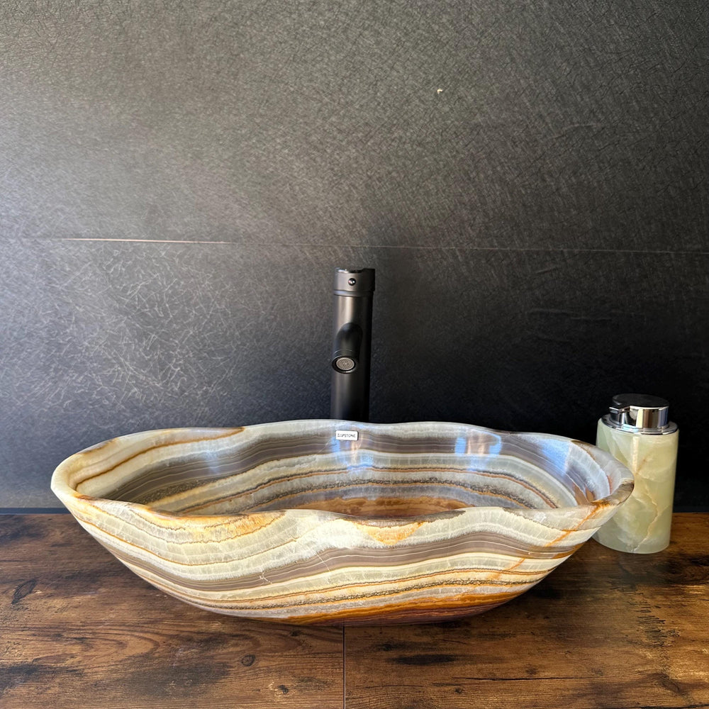Banded Onyx Bathroom Vessel Sink | Luxury Sink | One-of-a-Kind Hand Carved Onyx Bowl Sink – Natural Stone Bathroom Basin