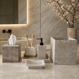 Beige Travertine Bathroom Set – 6 Piece Handmade Luxury Bath Accessories, Soap Dispenser, Tray, Toothbrush Holder, Tissue Box, Garbage Can