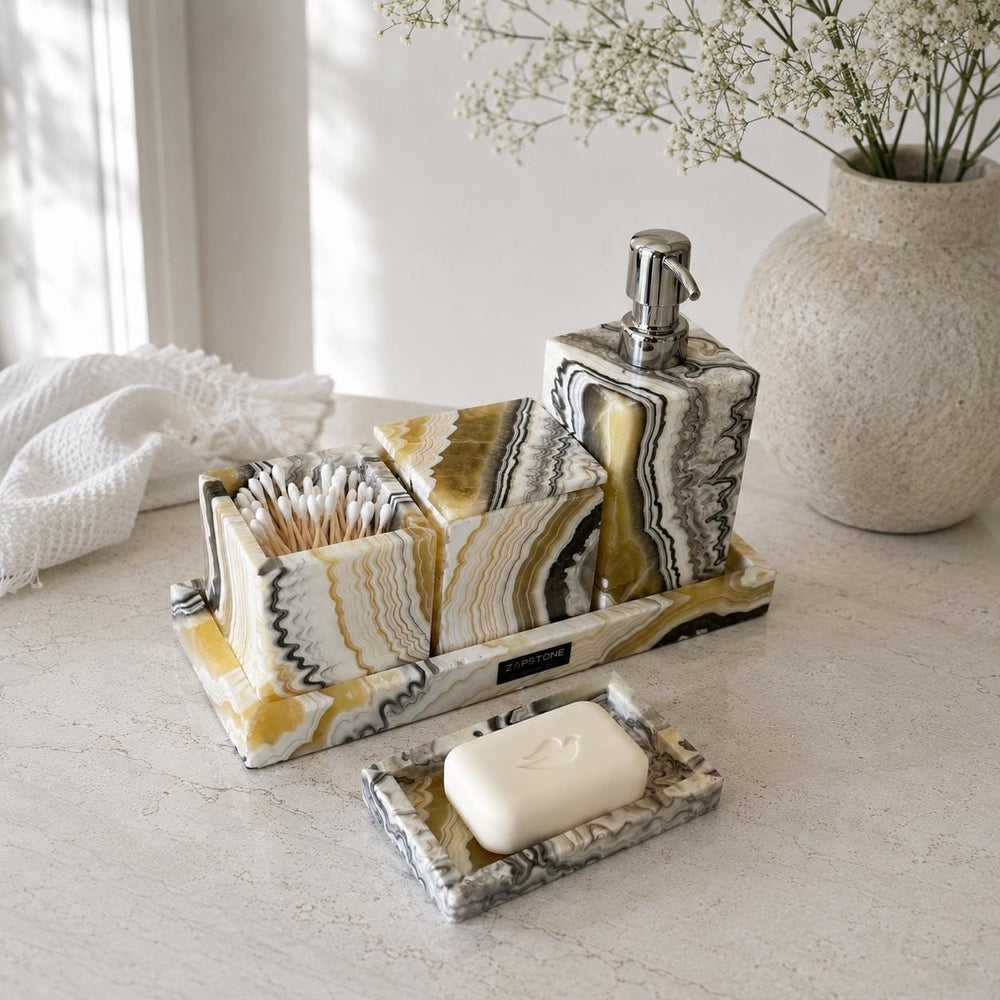 Zebra Onyx Set-5 Piece Handmade Luxury Bath Accessories, Soap Dispenser, Tray, Toothbrush Holder, Cotton Swab Holder, Cotton Round