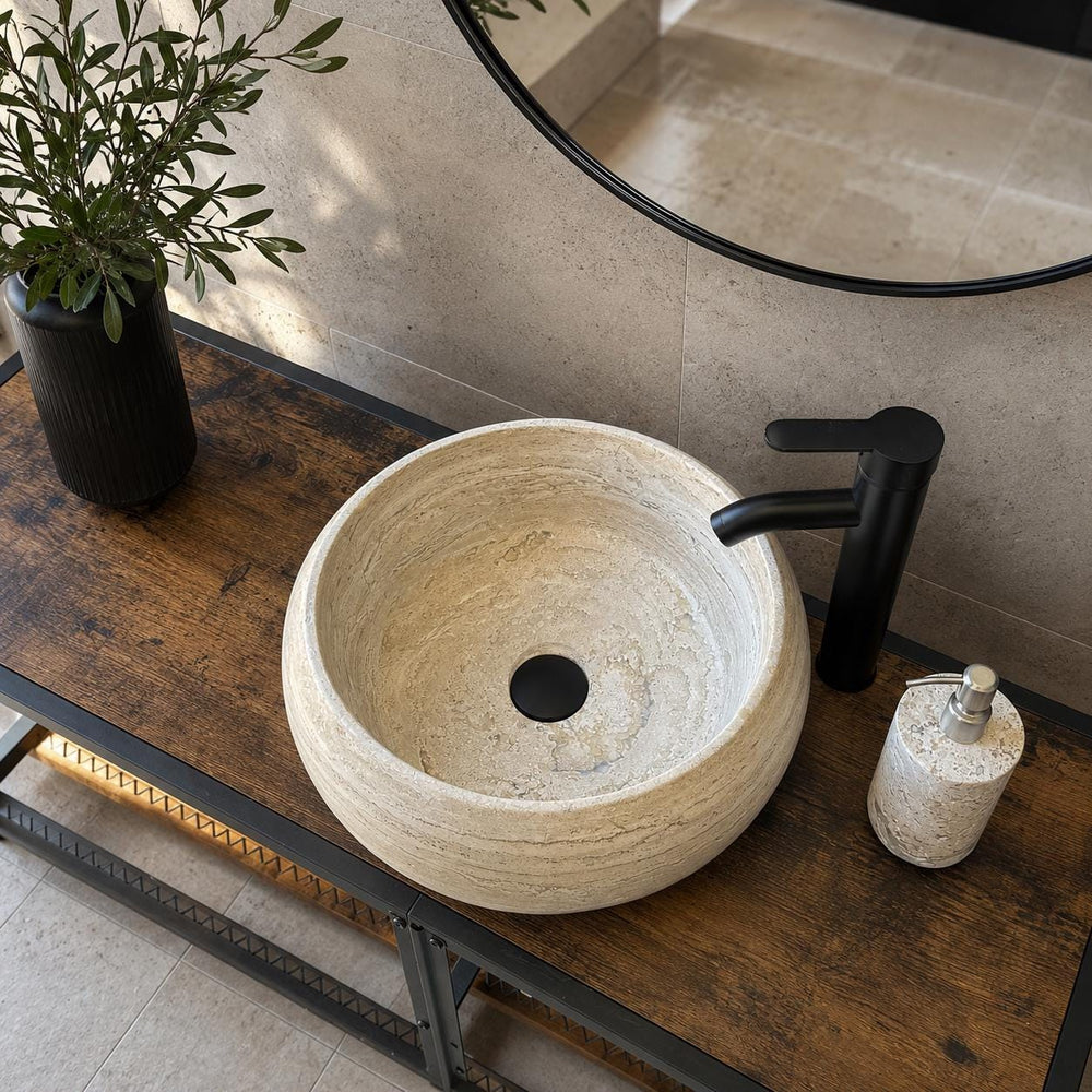 Travertine Round Vessel Sink, Natural Handcrafted Stone Bathroom Basin, Luxury Modern Vanity Sink, One-of-a-Kind Artisan Sink