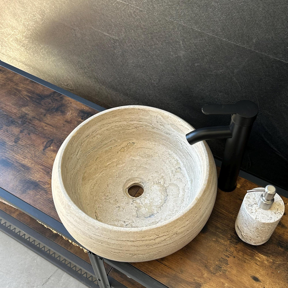 Travertine Round Vessel Sink, Natural Handcrafted Stone Bathroom Basin, Luxury Modern Vanity Sink, One-of-a-Kind Artisan Sink