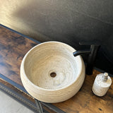Travertine Round Vessel Sink, Natural Handcrafted Stone Bathroom Basin, Luxury Modern Vanity Sink, One-of-a-Kind Artisan Sink