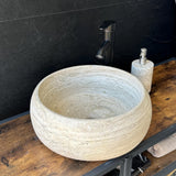 Travertine Round Vessel Sink, Natural Handcrafted Stone Bathroom Basin, Luxury Modern Vanity Sink, One-of-a-Kind Artisan Sink