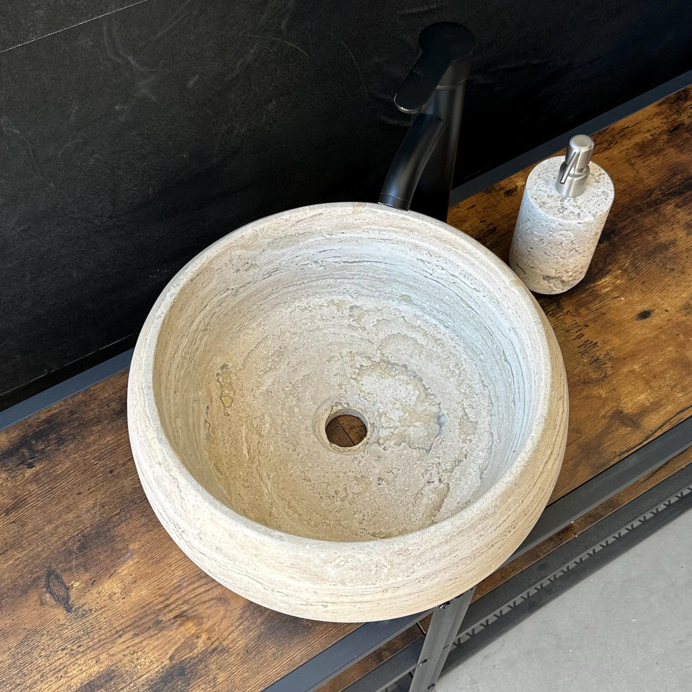 Travertine Round Vessel Sink, Natural Handcrafted Stone Bathroom Basin, Luxury Modern Vanity Sink, One-of-a-Kind Artisan Sink
