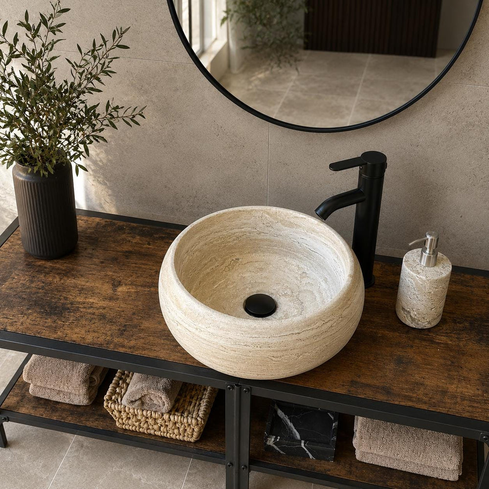 Travertine Round Vessel Sink, Natural Handcrafted Stone Bathroom Basin, Luxury Modern Vanity Sink, One-of-a-Kind Artisan Sink
