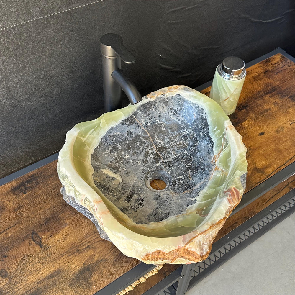 Rustic Green Onyx Bathroom Vessel Sink | Luxury Sink | Unique Hand Carved Onyx Vanity Sink – Natural Stone Bathroom Sink