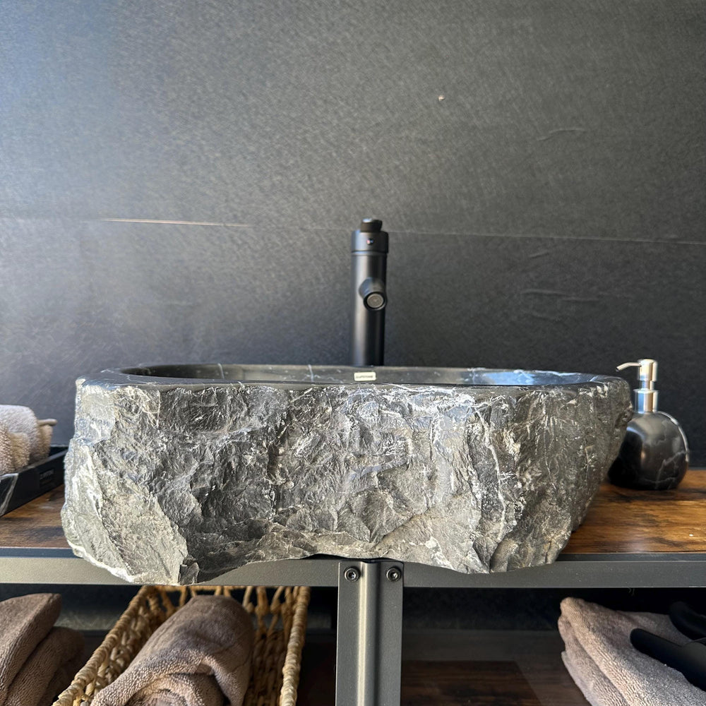 Rustic Marble Bathroom Sink | Luxury Vessel Sink | Unique Hand Carved Black Marble Basin – Natural Stone