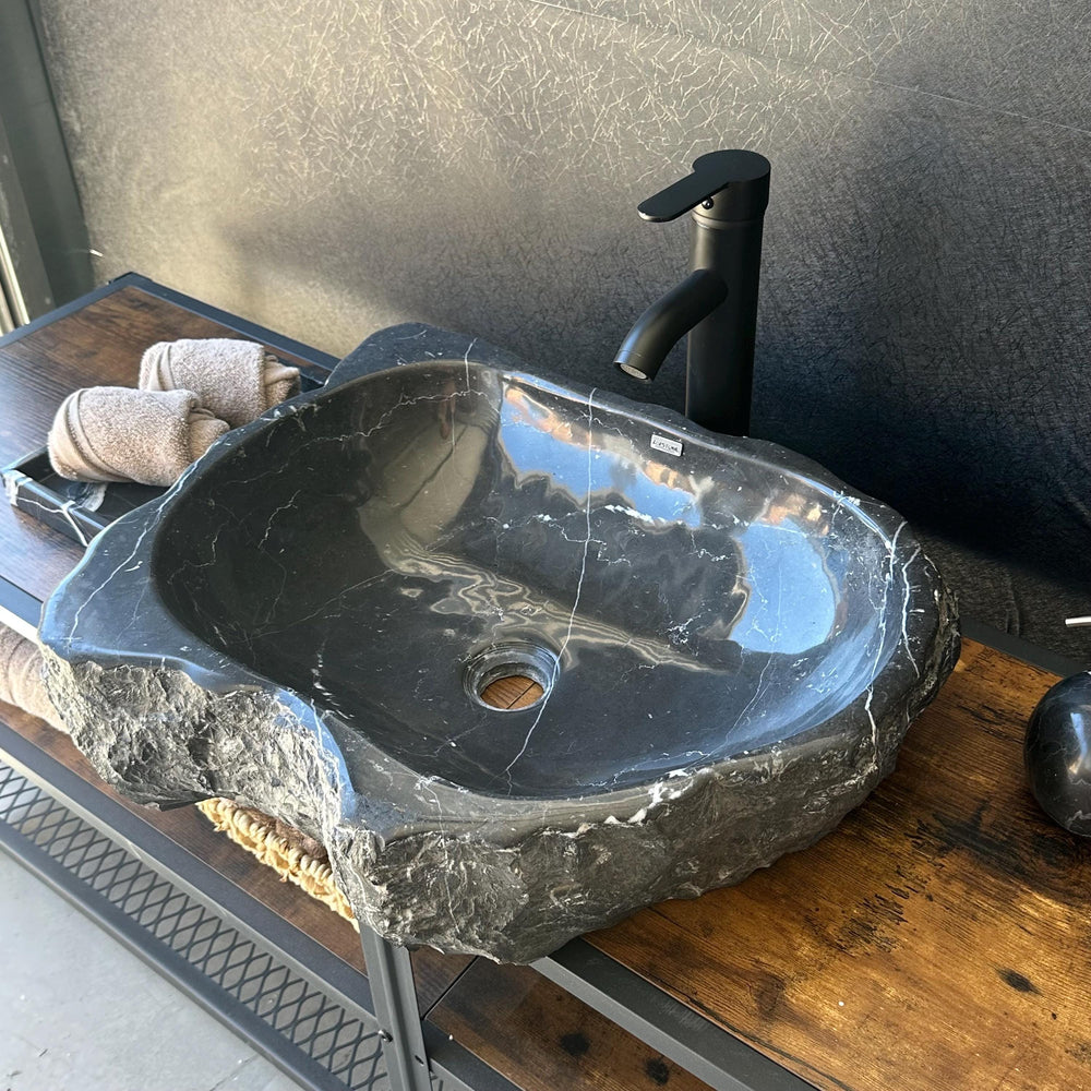 Rustic Marble Bathroom Sink | Luxury Vessel Sink | Unique Hand Carved Black Marble Basin – Natural Stone