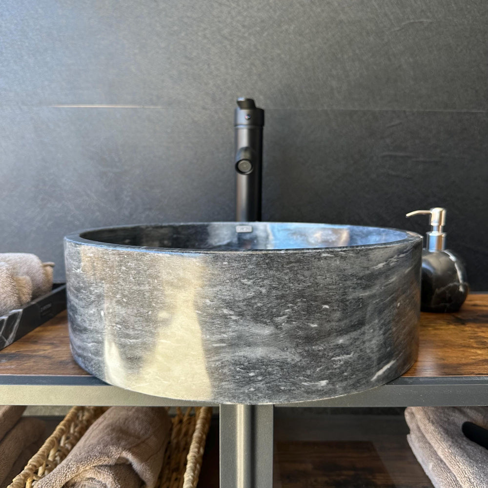 Natural Marble Vessel Sink – Round Stone Bathroom Sink, Handmade Modern Natural Marble Basin | Luxury Statement Piece for Powder Room