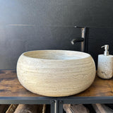 Travertine Round Vessel Sink, Natural Handcrafted Stone Bathroom Basin, Luxury Modern Vanity Sink, One-of-a-Kind Artisan Sink