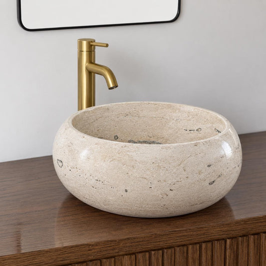 Travertine Round Vessel Sink, Natural Handcrafted Stone Bathroom Basin, Luxury Modern Vanity Sink