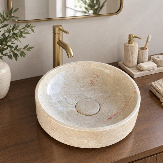 Handmade Beige Marble Vessel Sink | Natural Stone Bathroom Sink | Luxury Vanity Basin | Wabi Sabi