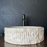 Round Handcrafted Travertine Vessel Sink – Natural Stone Bathroom Basin, Luxury Rustic Modern Vanity Sink