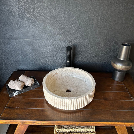 Travertine Vessel Sink | Handmade Round Fluted Natural Stone Bathroom Sink