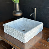 Lavabo Vessel de Mármol Blanco – Lavabo de Baño de Piedra Natural Cuadrado Hecho a Mano, Palangana de Tocador Moderna de Lujo