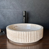 Travertine Vessel Sink | Handmade Round Fluted Natural Stone Bathroom Sink