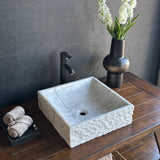 Lavabo Vessel de Mármol Blanco – Lavabo de Baño de Piedra Natural Cuadrado Hecho a Mano, Palangana de Tocador Moderna de Lujo