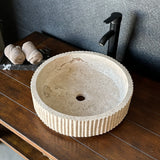 Travertine Vessel Sink | Handmade Round Fluted Natural Stone Bathroom Sink