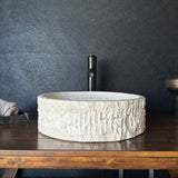 Round Handcrafted Travertine Vessel Sink – Natural Stone Bathroom Basin, Luxury Rustic Modern Vanity Sink