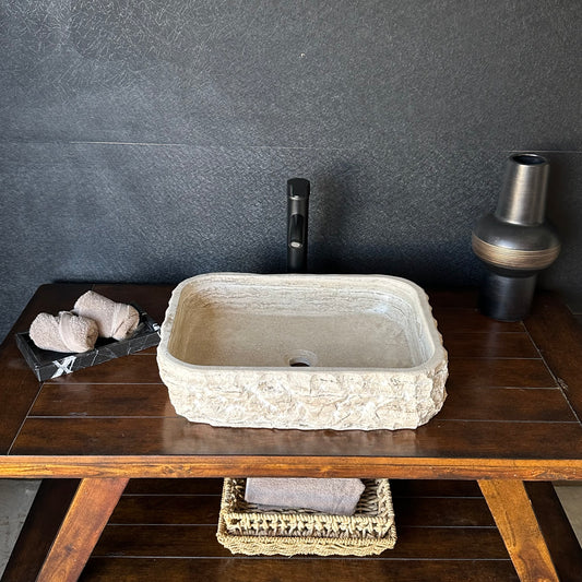 Rustic Rectangular Travertine Sink | Wabi Sabi | Handmade