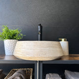 Classic Travertine Round Vessel Sink – Hand-Carved, 15 in