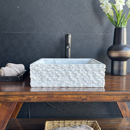 Lavabo Vessel de Mármol Blanco – Lavabo de Baño de Piedra Natural Cuadrado Hecho a Mano, Palangana de Tocador Moderna de Lujo