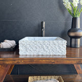 Lavabo Vessel de Mármol Blanco – Lavabo de Baño de Piedra Natural Cuadrado Hecho a Mano, Palangana de Tocador Moderna de Lujo