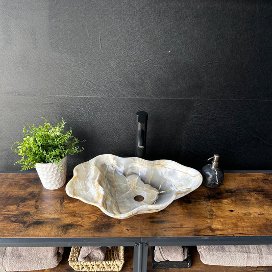 Large Beige Onyx Vessel Sink – One-of-a-Kind, Hand-Carved