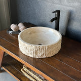 Round Handcrafted Travertine Vessel Sink – Natural Stone Bathroom Basin, Luxury Rustic Modern Vanity Sink