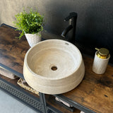 Classic Travertine Round Vessel Sink – Hand-Carved, 15 in