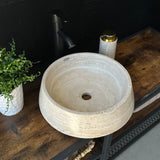 Classic Travertine Round Vessel Sink – Hand-Carved, 15 in