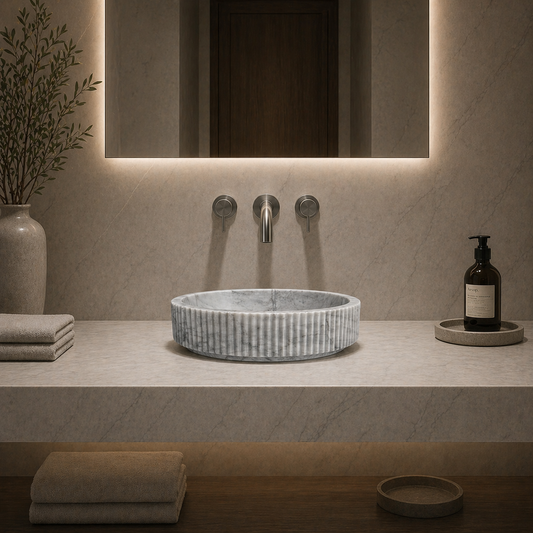 Fluted White Marble Vessel Sink – Hand-Carved Vertical Lines