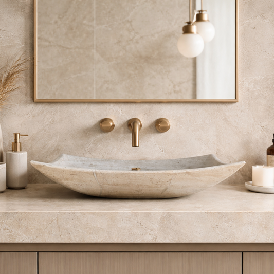 Bathroom vanity with a stone sink, gold fixtures, and decorative elements.