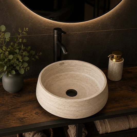 Classic Travertine Round Vessel Sink – Hand-Carved, 15 in
